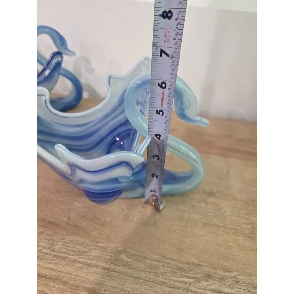 Pair of Vintage 70s Sooner Blown Glass Swan Bird Dishes Blue White Swirl 10''